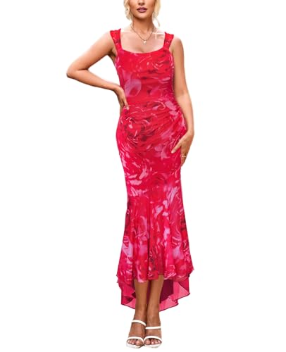 SEBOWEL Women Summer Floral Print Long Maxi Dress Sexy Backless Mesh Elegant Sleeveless Formal Wedding Guest Dress,Red,M