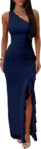 Women's Sexy One The Shoulder Ruched Mesh Formal Long Dress, XS, Navy