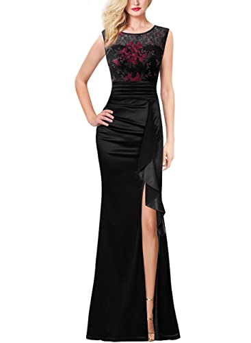 VFSHOW Womens Black Red Floral Embroidery Lace Ruched Ruffle High Slit Formal Evening Gown Prom Wedding Party Maxi Long Dress 8297 BLK XXL