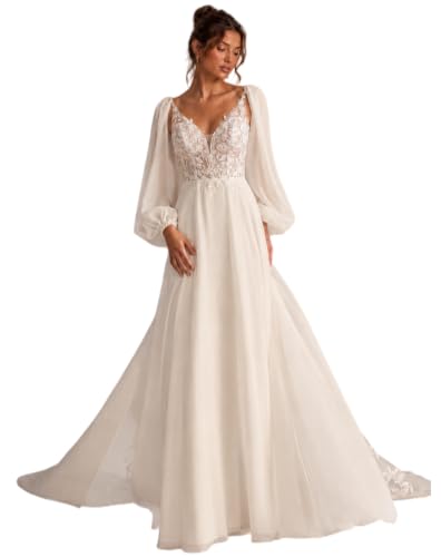 EDECPBM Boho Lace Wedding Dress Women Chiffon Long Sleeve Bridal Gown Ivory