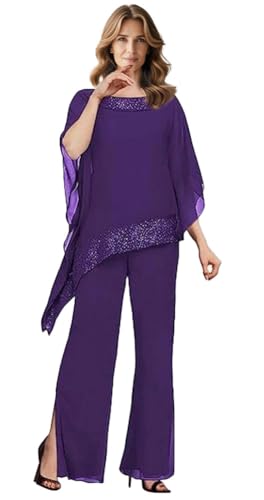 JUDHGGX Beaded Mother of The Bride Pants Suit Chiffon Formal Pantsuits for Women Evening Party Wedding Guest Outfit Purple US12