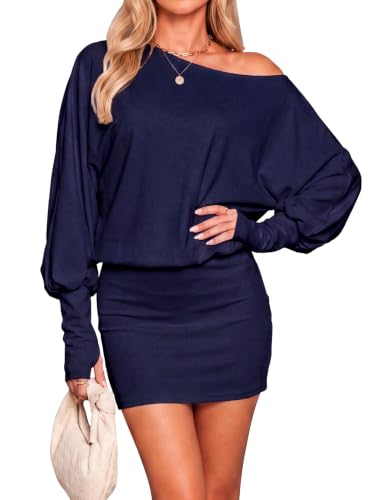 Off the Shoulder Long Sleeve Mini Dress Women Short Bodycon Dress Navy XS