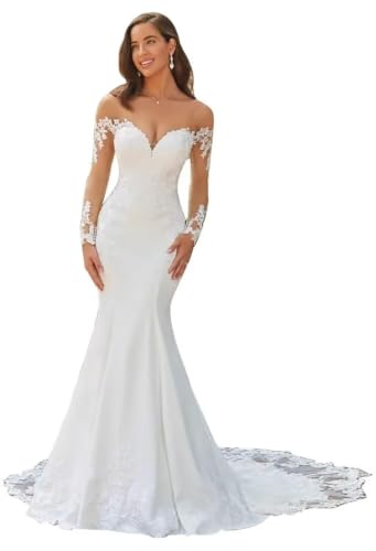 Mermaid Wedding Dresses for Women Long Sleeve White Wedding Gowns with Train Lace Appliques Satin Beach Bride Gowns US8 AM05M14