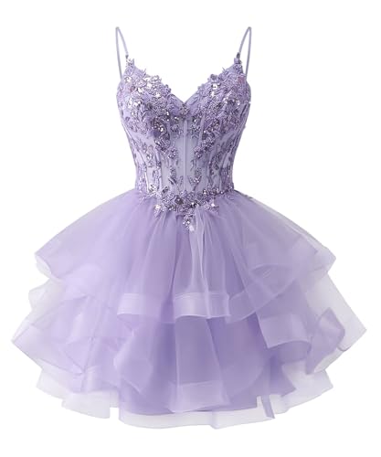 Zeeyecie Light Purple Tiered Glitter Tulle Homecoming Dresses for Teens Lace Applique Beaded Short Prom Dress Sequin Quinceanera Dresses US4
