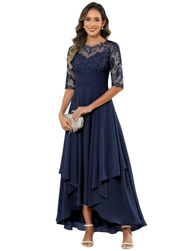 Uaqhic High End Mother of Bride Dress Lace Tea Length 3/4 Sleeves Navy Blue Mother of The Groom Dresses for Wedding Size 10