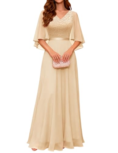 DRESSTELLS Champagne Wedding Guest Mother of Bride Maxi Dress 2026 Fall XL | Fit and Flare, Slimming Gown for Grandmother of Bride, Semi-Formal Fall Dress
