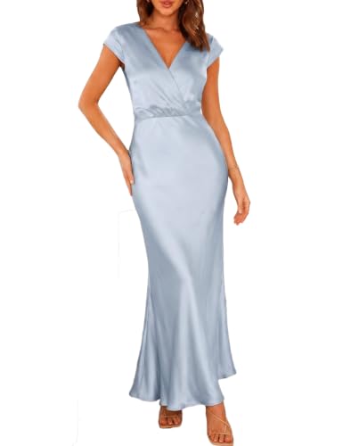 PHICIA Women Summer Satin Fromal Wedding Guest V Neck Cap Sleeve Maxi Dress