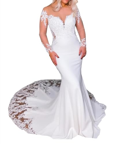 OnsmO Satin Appliques Long Sleeves Mermaid Bridal Women Ball Gown Wedding Dress for Bride with Train Ceremony White, 6