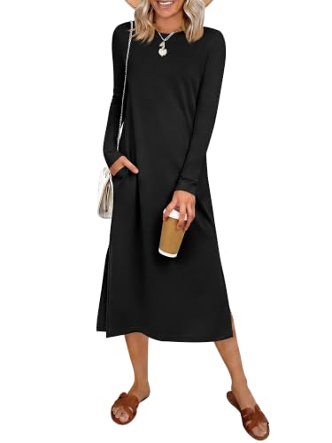 ANRABESS Women Wrinkle Free Long Sleeve Fall Midi Dress with Pockets,Black | Air Layer Fabric, Casual Travel Vacation Shirt Dress, Crewneck Side Slit, Comfort Work All-Day Wear Clothes Spring Outfits