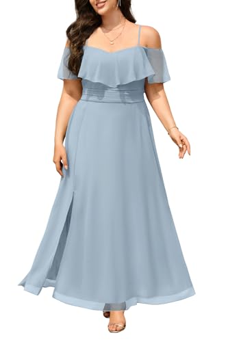 Plus Size Bridesmaid Dresses Dusty Blue Off Shoulder Elegant Wedding Guest | Soft chiffon material,formal, cold shoulder with ruffles, high split ruched A-line long dress for bridesmaid & party