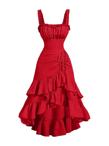 SOLY HUX Women's Layered Ruffle Hem Ruched Asymmetrical Long Dress | Sleeveless, Party, Vacation Outfit, Summer Outfit, Plain Red, Medium