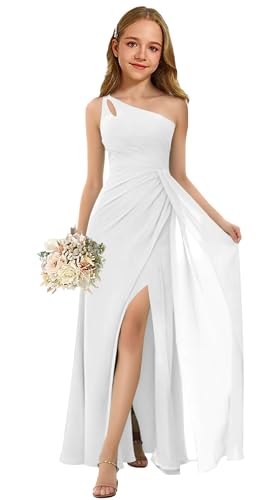 Oittuye One Shoulder Chiffon Girls Formal Dress Ruched Junior Bridesmaid Gown Flower Girl Slit Maxi Dress with Slit, White, Size 14