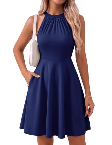 Navy Blue Halter Cocktail Homecoming Teens Casual Dress with Pockets Navy M