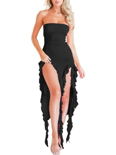 Womens Sexy Ruffle Hem Strapless Long Stretch Solid Party Cocktail Dress