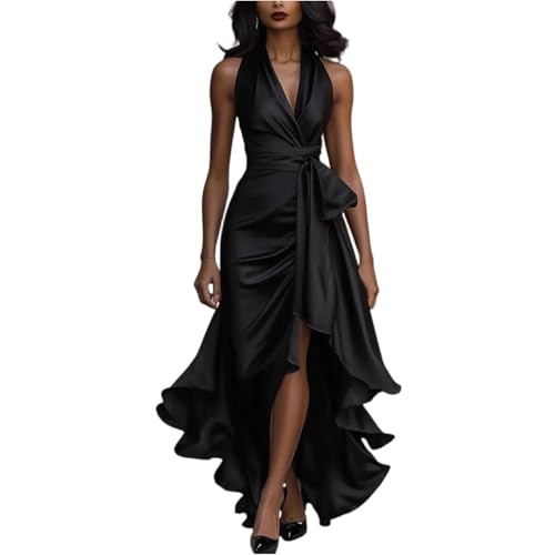 High Low Prom Dresses for Women Elegant V-Neck Halter Party Dress A-Line Satin Evening Gowns Mermaid Pleated Dress Black