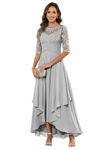 Mmqmjc Lace Applique Mother of Bride Dresses Tea Length Silver US10 | Boat Neck Half Sleeve Mother Of The Groom Long Dress for Women, A-line Chiffon Hi-Low Formal Gowns