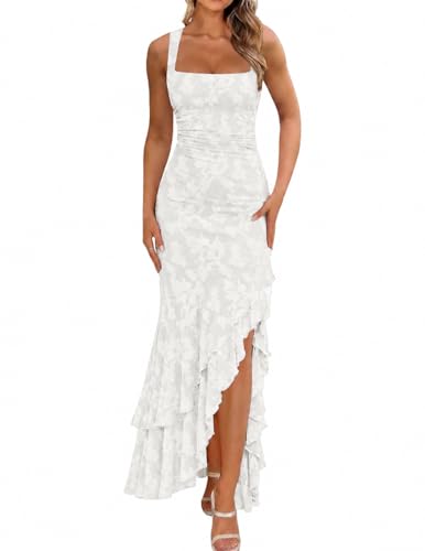 Women's Elegant Ruched Floral Maxi Wedding Guest Dress,S,White