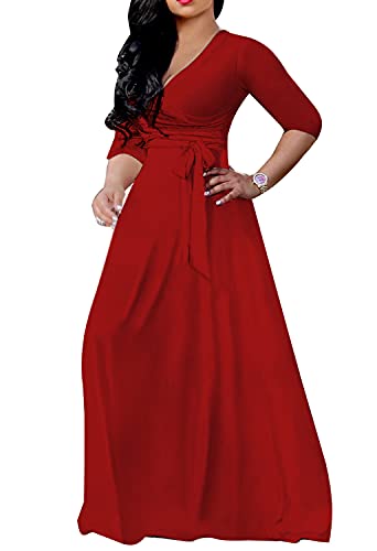 Sexy V-Neck Maxi Wrap Wedding-Guest Dress - Casual Bodycon 3/4 Sleeves Boho Pockets Sundress Red