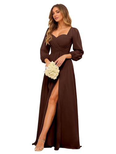 HLEPUN Brown Long Sleeve Bridesmaid Dresses with Slit for Wedding A-Line Chiffon Formal Party Dress for Wedding Guest Long Pleated Prom Party Gowns