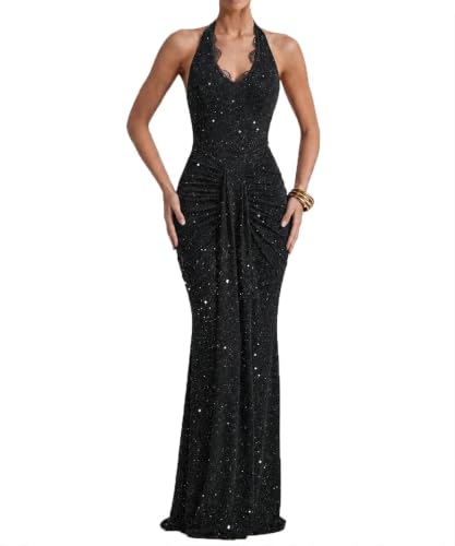 Women Deep V Neck Ruched Maxi Dress Sleeveless Halter Lace Sequin Sparkly Glitter Bodycon Gown Cocktail Evening Formal Dress(Black,M)