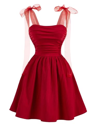 WDIRARA Women's Tie Shoulder Cami Dress Ruched Ruffle Flowy A Line Short Dresses Red Small
