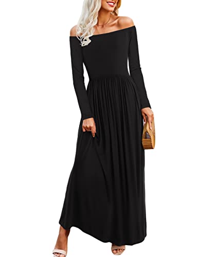 Amoretu Long Sleeve Maix Dresses Off Shoulder Plain Black Funeral Dress Tall Women Outfit M