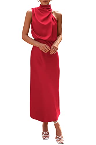 PRETTYGARDEN Women's Summer Satin Maxi Cocktail Dress Red | Silk Fabric,Sleeveless Mock Neck,Fit and Flare,Asymmetrical Long Dresses,Elegant Formal,Wedding Guest Party,Cruise Outfits