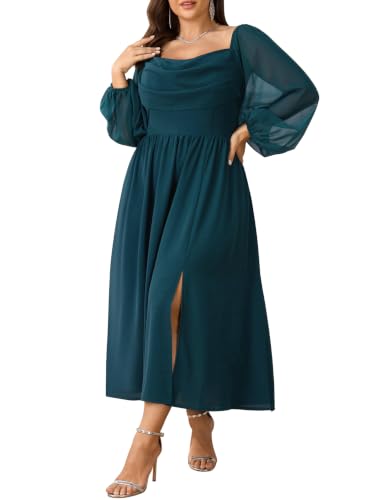 SHESTARR Women's Plus Size Chiffon Long Sleeve Cowl Neck Maxi Dress