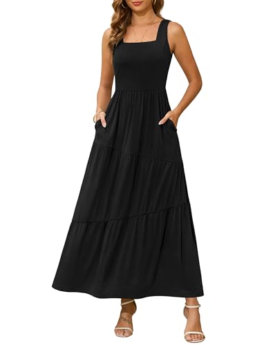 Kranda Women Summer Dresses Square Neck Tiered Tank Dress Maxi Swing Sundress with Pockets Black, XL