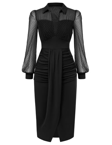 Belle Poque Vintage Dress for Women Peter Pan Collar Ruched Dress for Formal Black XXL