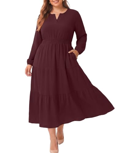 Fall Plus Size Dresses Long Sleeve Boho Maxi Dress with Pockets Burgundy-5X