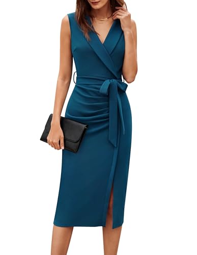 GRACE KARIN Women's Wear to Work Sleeveless Ruched Bodycon Office Pencil Midi Dresses with Belt Peacock Blue