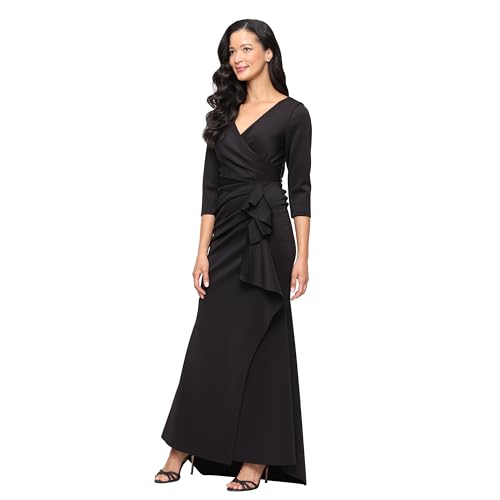Alex Evenings Women's Petite Long Surplice Dress, Black Crepe