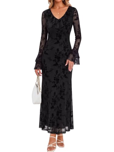 Simplee Fall Black Wedding Guest Dress Formal Bodycon Cocktail Maxi Dress | Bell Sleeves, Ruched Mesh, Ruffle V Neck, Fall Winter Formal Elegant Cocktail Party Bridal Shower Holiday Evening Gowns