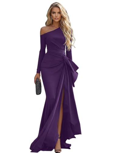RYANTH Plum Women's Off The Shoulder Satin Prom Dresses 2026 Long Sleeve Mermaid Formal Wedding Guest Dresses with Slit Size 12