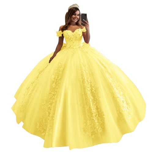 Flihodaputa Yellow Flower Puffy Quinceanera Dresses with Bow Elegant Lace Applique Princess Ball Gowns for Sweet 15 16 Size12