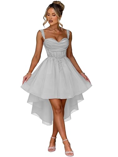 High Low Applique Homecoming Dresses Lace Tulle HOCO for Teens Quinceanera DAMA Dress Silver