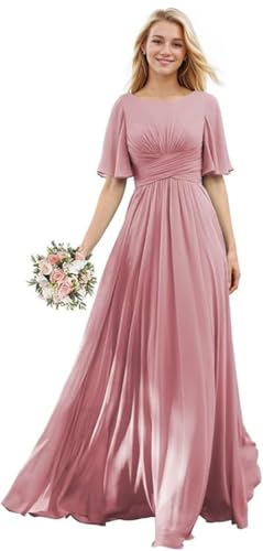 Eldecey Women's Modest A Line Bridesmaid Dress Long Mauve Scoop Neck Pleated 1/2 Flutter Sleeves Maid of Honor Dress for Wedding 2026 US8