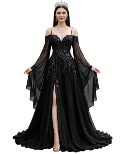 Gothic Black Bridal Gown Off Shoulder Tulle Wedding Dress with Long Sleeve
