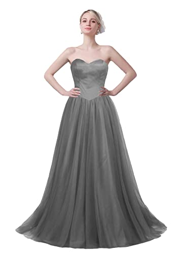 CharmingBridal Women A-Line Evening Dresses Tulle Long Prom Party Dress Plus Size Grey