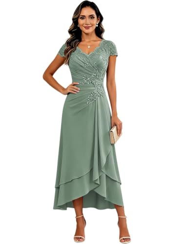 Eucalyptus Summer Mother of Groom Dress Tea Length for Women Chiffon US6