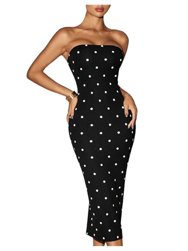 WDIRARA Women's Polka Dots Strapless Tube Dress Cocktail Party Bodycon Midi Dresses Black Large