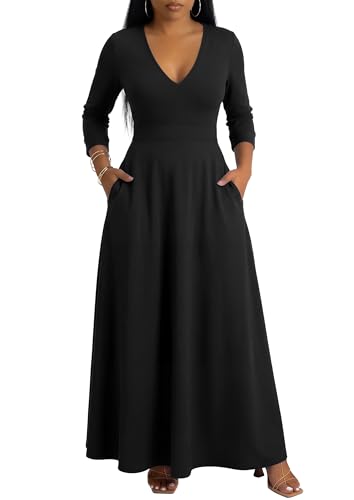 FANDEE Women's Dresses Church Loose Fit V Neck Dress with 3/4 Sleeve Casual Long Dress Black