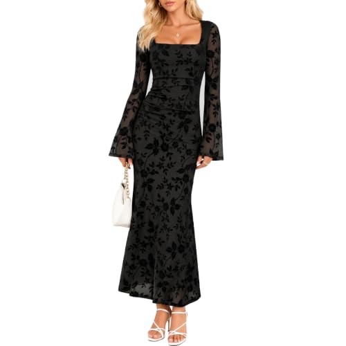 Pagfxmn Women's Floral Bodycon Maxi Dress Large Black Square Neck Bell Long Sleeve Mesh Elegant Ruched Formal Wedding Guest Cocktail Party Holiday Fall Winter Dresses