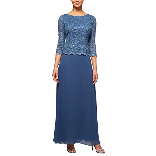 Alex Evenings Women's 3/4 Sleeve Stretch Lace Bodice One Piece Mother of The Bride Dress (Petite and Regular Sizes), Wedgewood, 8