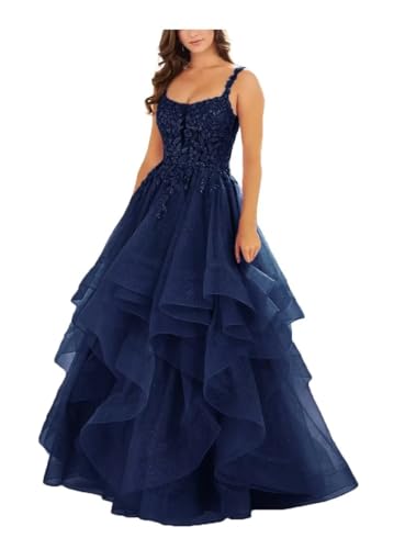 Glitter Tulle Prom Dress for Teens Ruffled Layered Ball Gown Navy 14