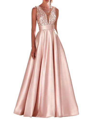 Liopus Rose Gold Sequin Prom Dress Long V Neck Satin Formal Gown US8