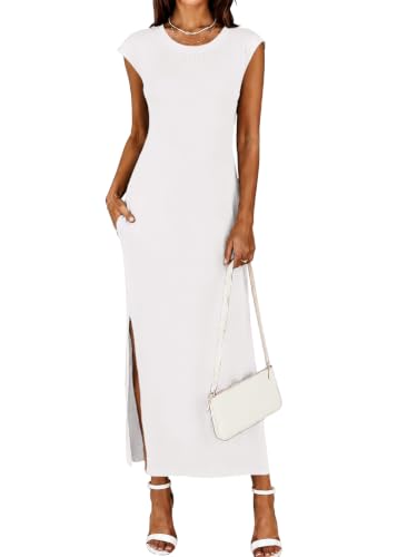YUNDAI Womens Sleeveless Maxi Dress Side Slit Casual Long Dress Pocket | Sleeveless maxi dress, side slits, side pockets, lightweight soft fabric for all-day summer casual comfort