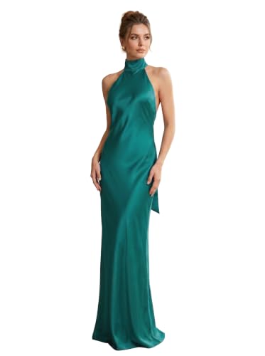 Froxima Women's Satin Halter Dress, High Neck Backless Maxi Formal Gown (US, Alpha, Medium, Regular, Regular, Green)