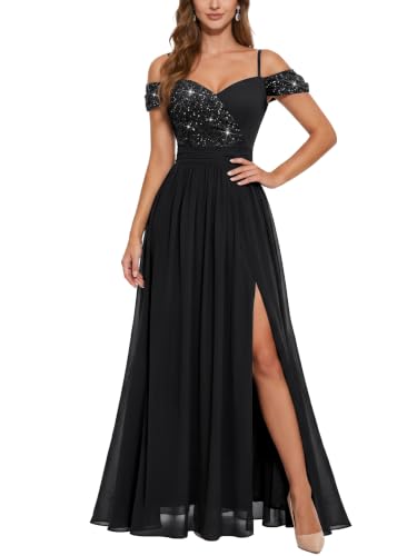 Miusol Women's Off Shoulder Elegant Sequined Split Spaghetti Straps Wedding Maxi Dress (Medium, Black)